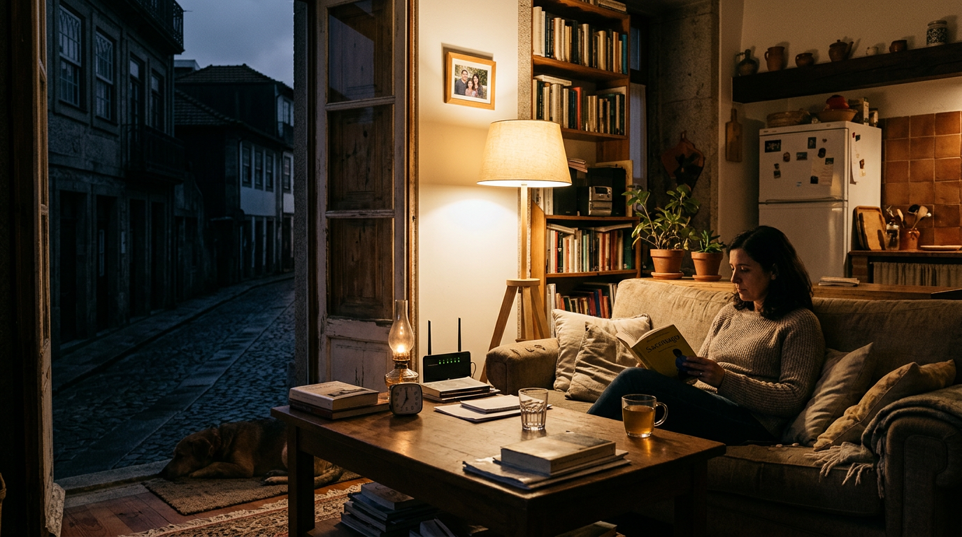 Interior de uma casa portuguesa ao anoitecer, com uma luz acesa e o resto do espaço em penumbra