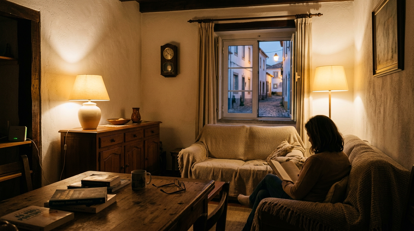 Interior de uma casa portuguesa ao anoitecer, com uma luz acesa e o resto do espaço em penumbra