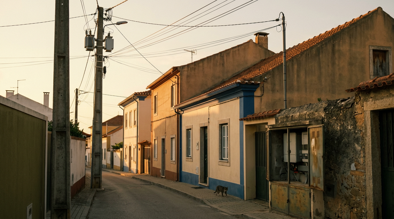 Infraestrutura elétrica de habitação em contexto urbano português, em fotografia documental