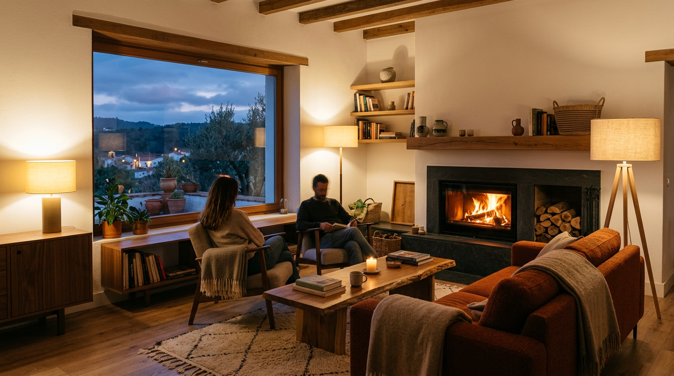 Sala de estar portuguesa ao anoitecer, iluminada e confortável — autonomia energética em casa