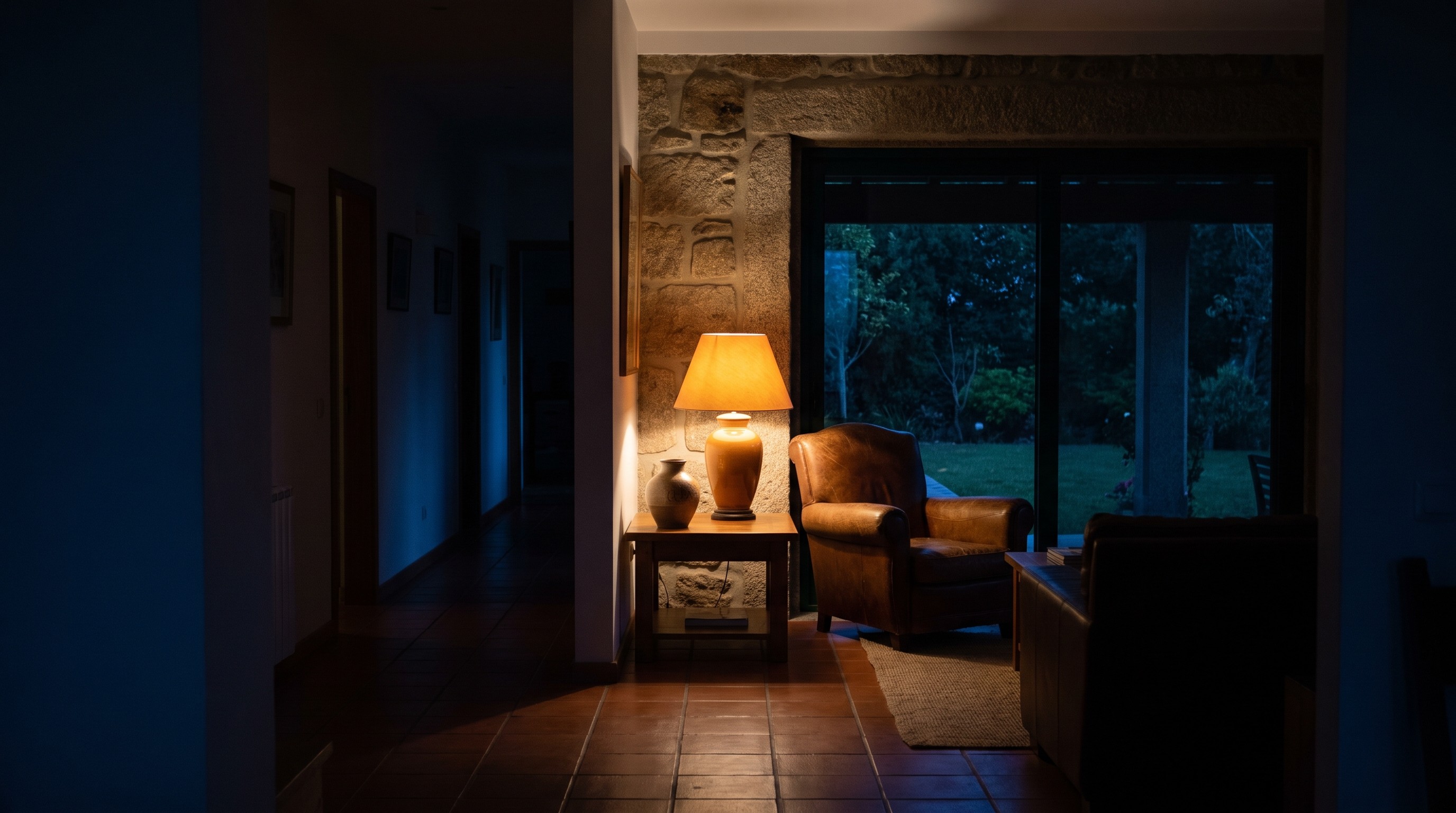 Interior de uma casa à noite, com um candeeiro aceso a iluminar parte da sala e o resto em penumbra