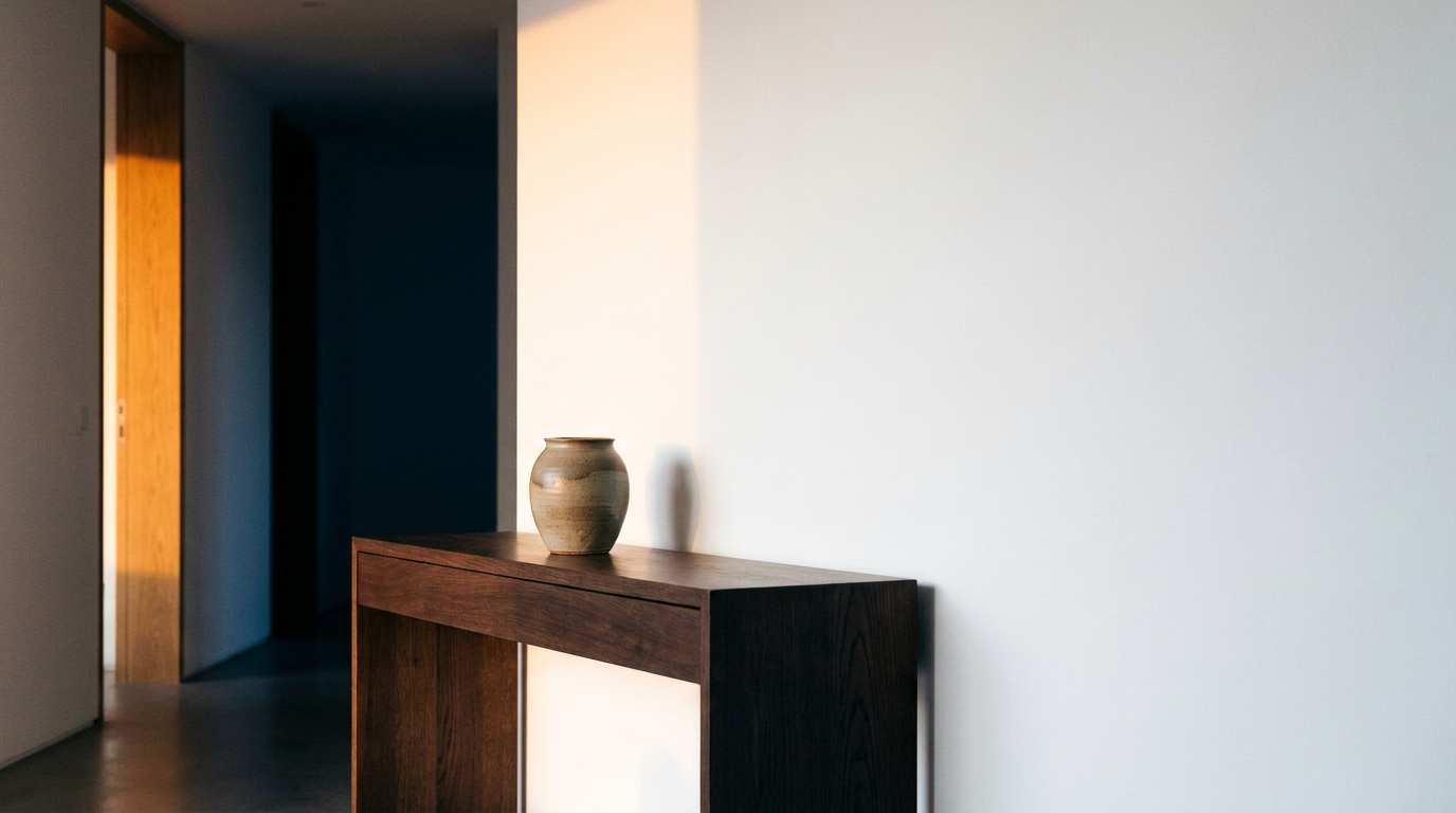 Consola minimalista em madeira escura com uma peça de cerâmica, junto a uma parede lisa
