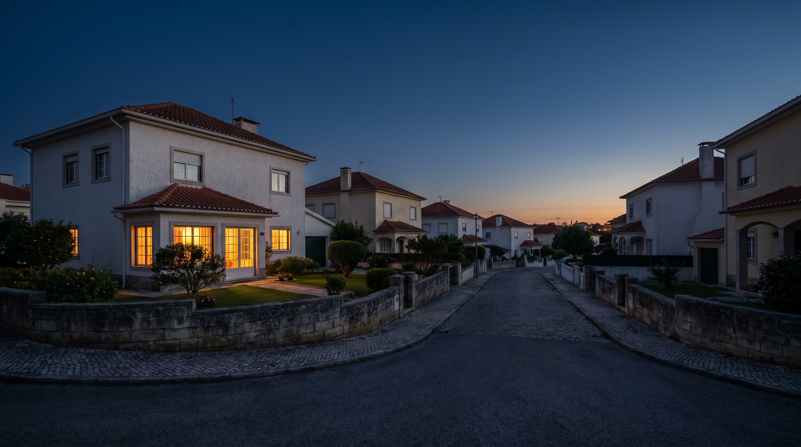 Rua de moradias nos arredores de Lisboa ao anoitecer, com uma casa iluminada e as restantes às escuras