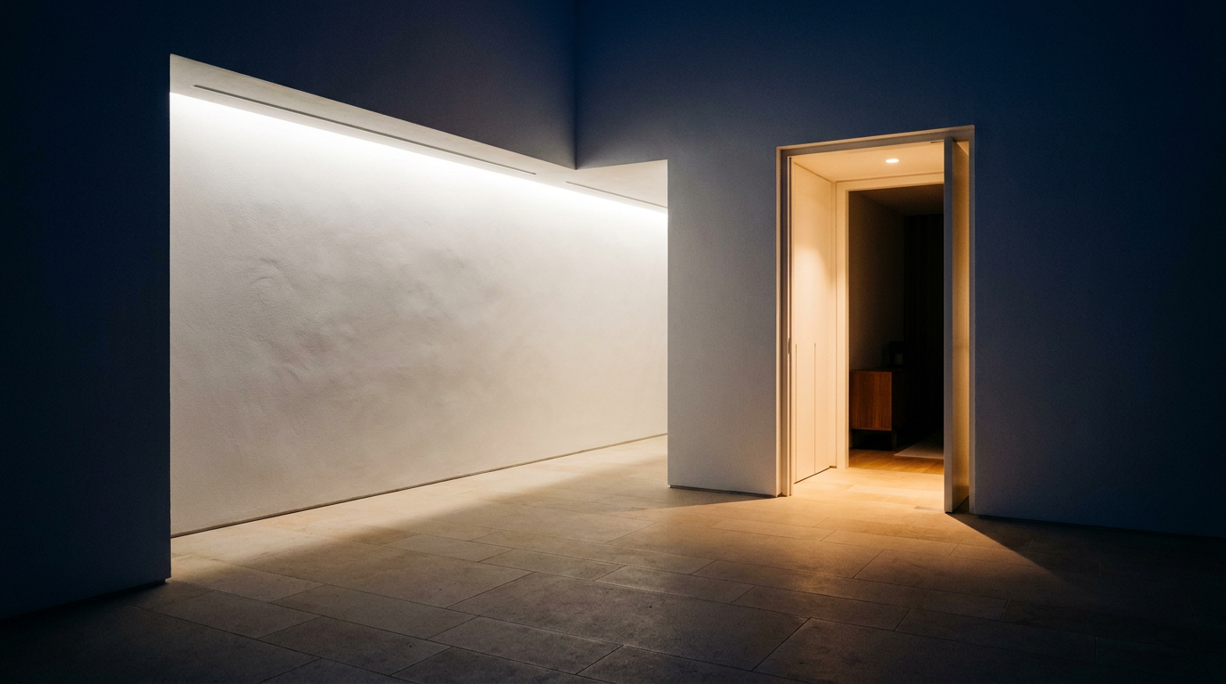 Corredor de moradia contemporânea à noite, com luz quente a atravessar o pavimento em pedra