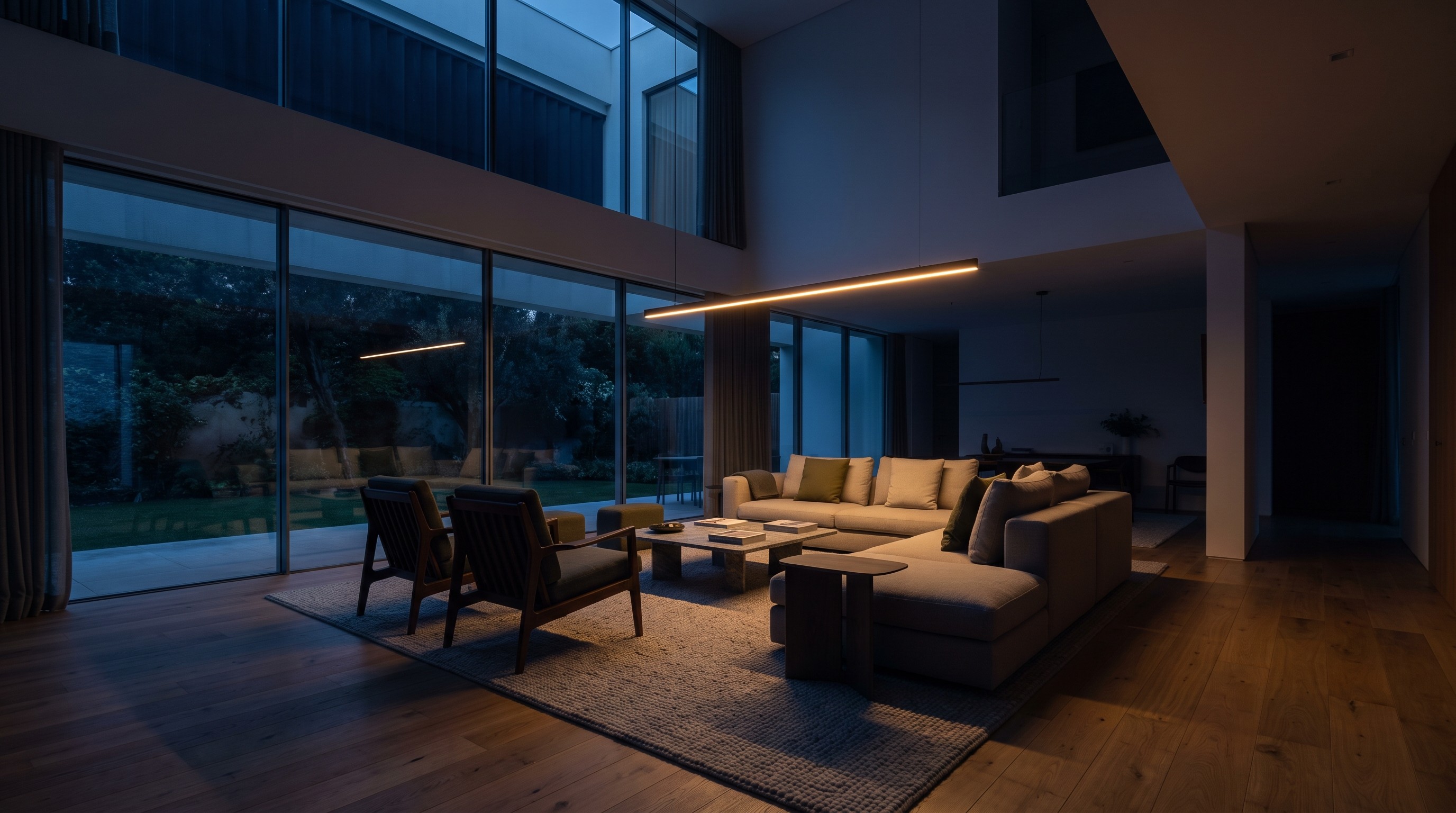 Sala de pé-direito duplo numa moradia contemporânea, à noite, iluminada por uma luminária linear suspensa
