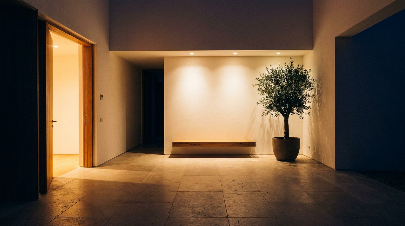 Corredor de moradia contemporânea à noite, com luz quente a atravessar o pavimento em pedra