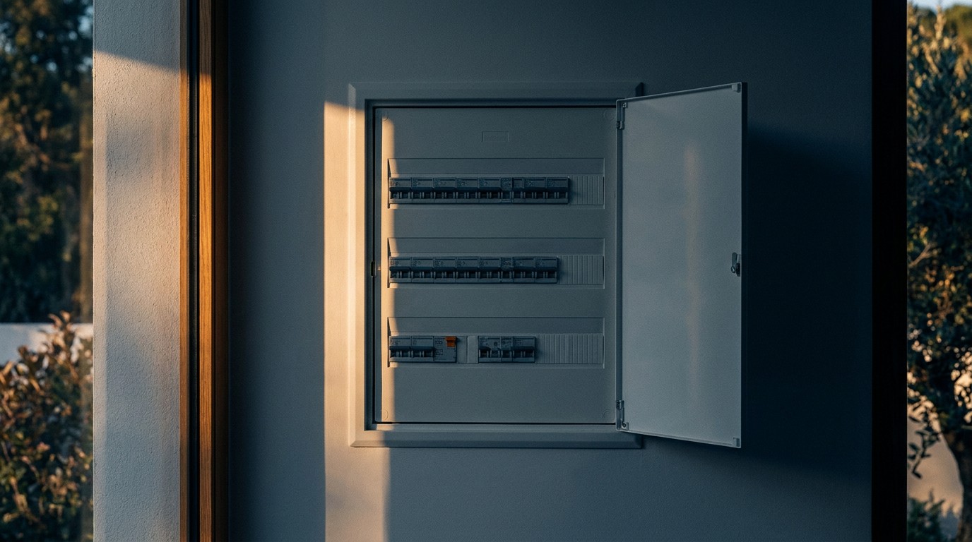 Quadro elétrico embutido numa parede lisa, com disjuntores alinhados