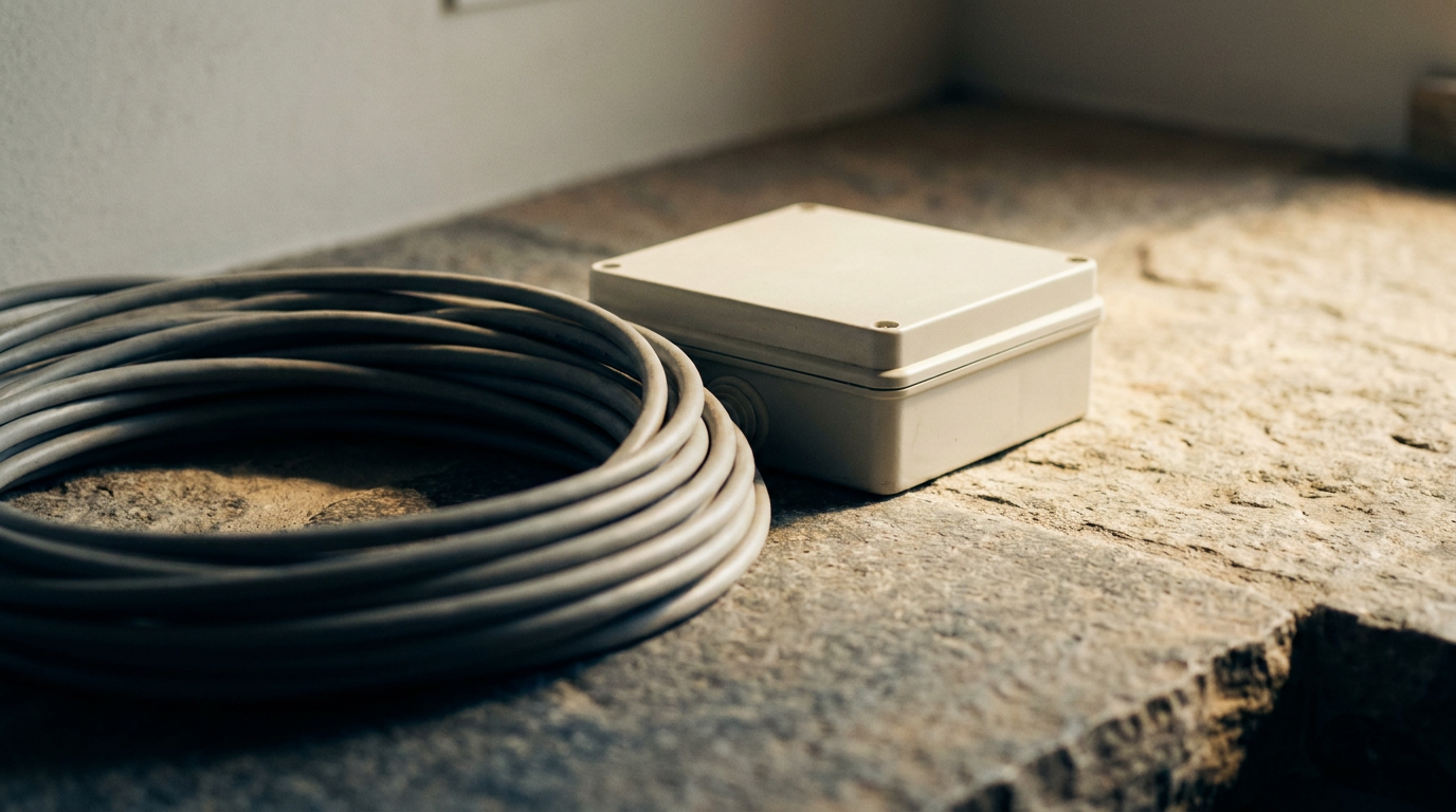 Quadro elétrico de uma habitação com a porta aberta, disjuntores alinhados e cablagem organizada