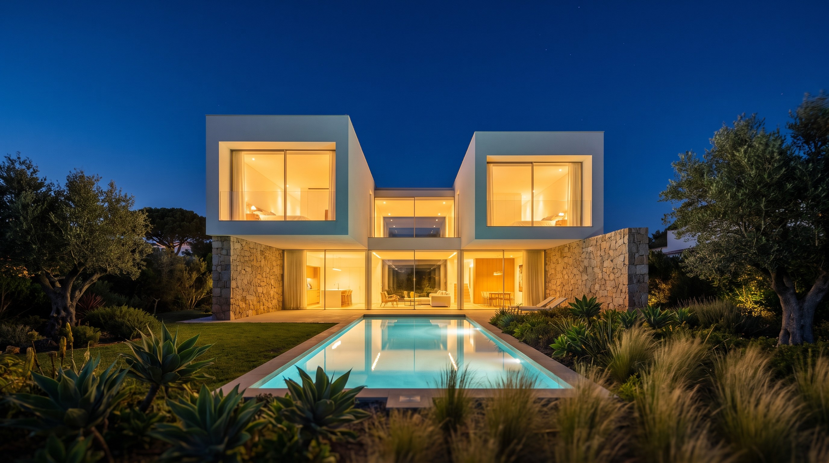 Moradia contemporânea de arquitetura moderna ao anoitecer, com piscina iluminada e grandes envidraçados