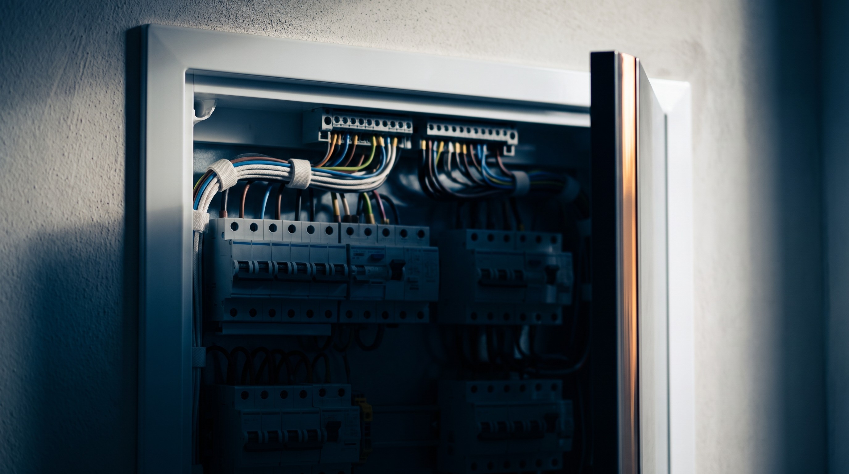 Quadro elétrico embutido na parede com a porta aberta, disjuntores alinhados e cablagem organizada