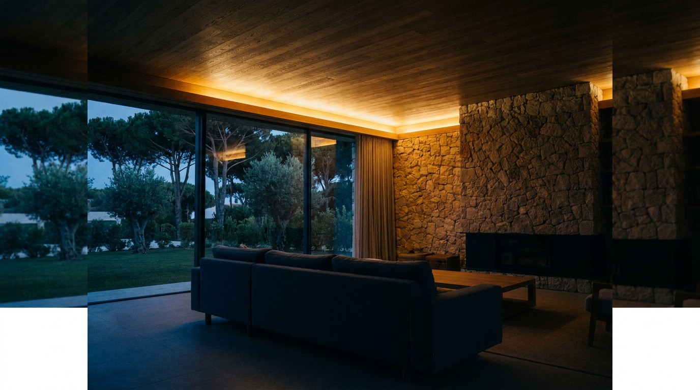 Espaço de estar de moradia contemporânea à noite, com luz indireta em madeira e pedra
