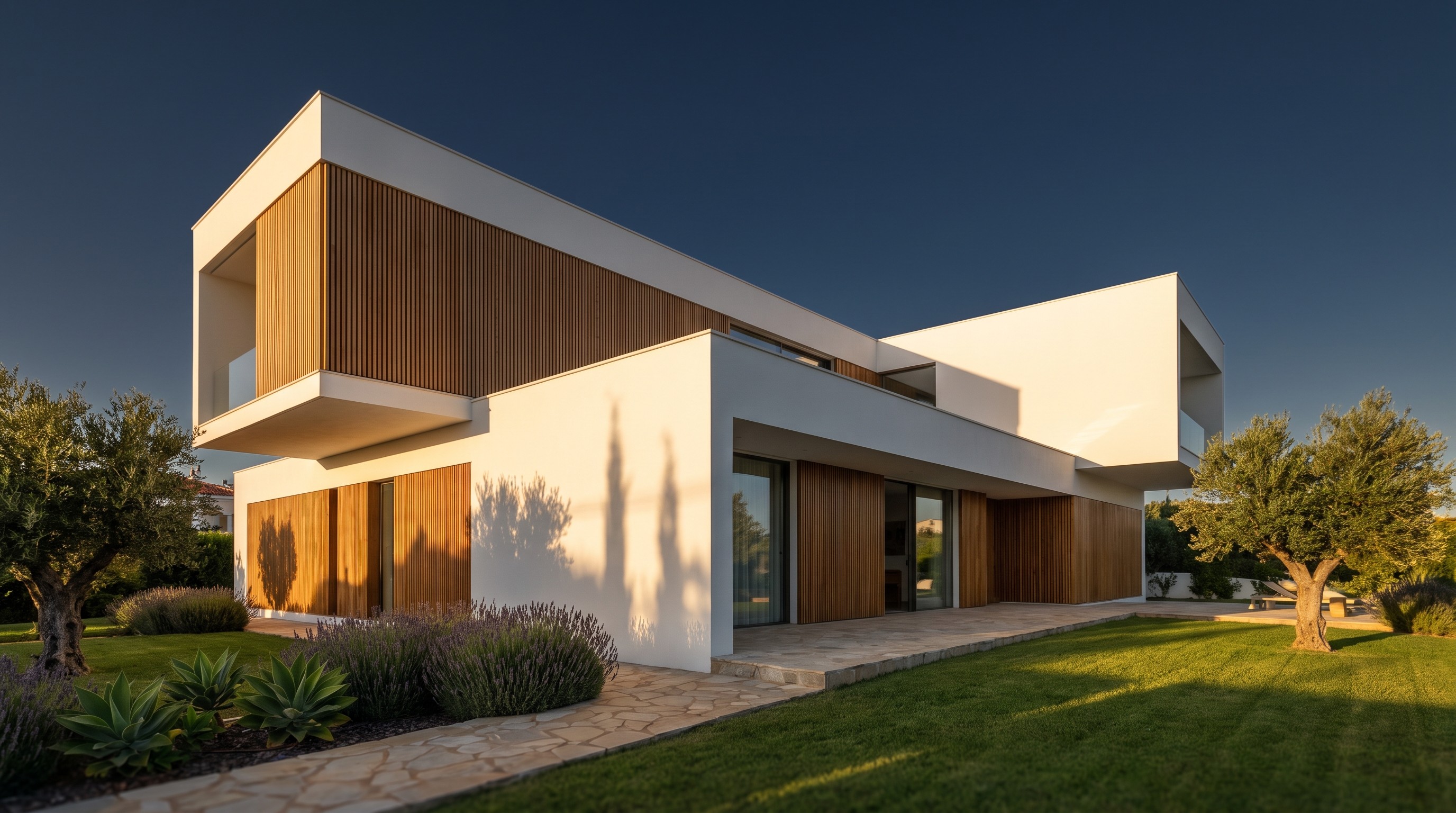 Moradia contemporânea ao fim da tarde, com fachada em reboco branco e madeira e jardim mediterrânico