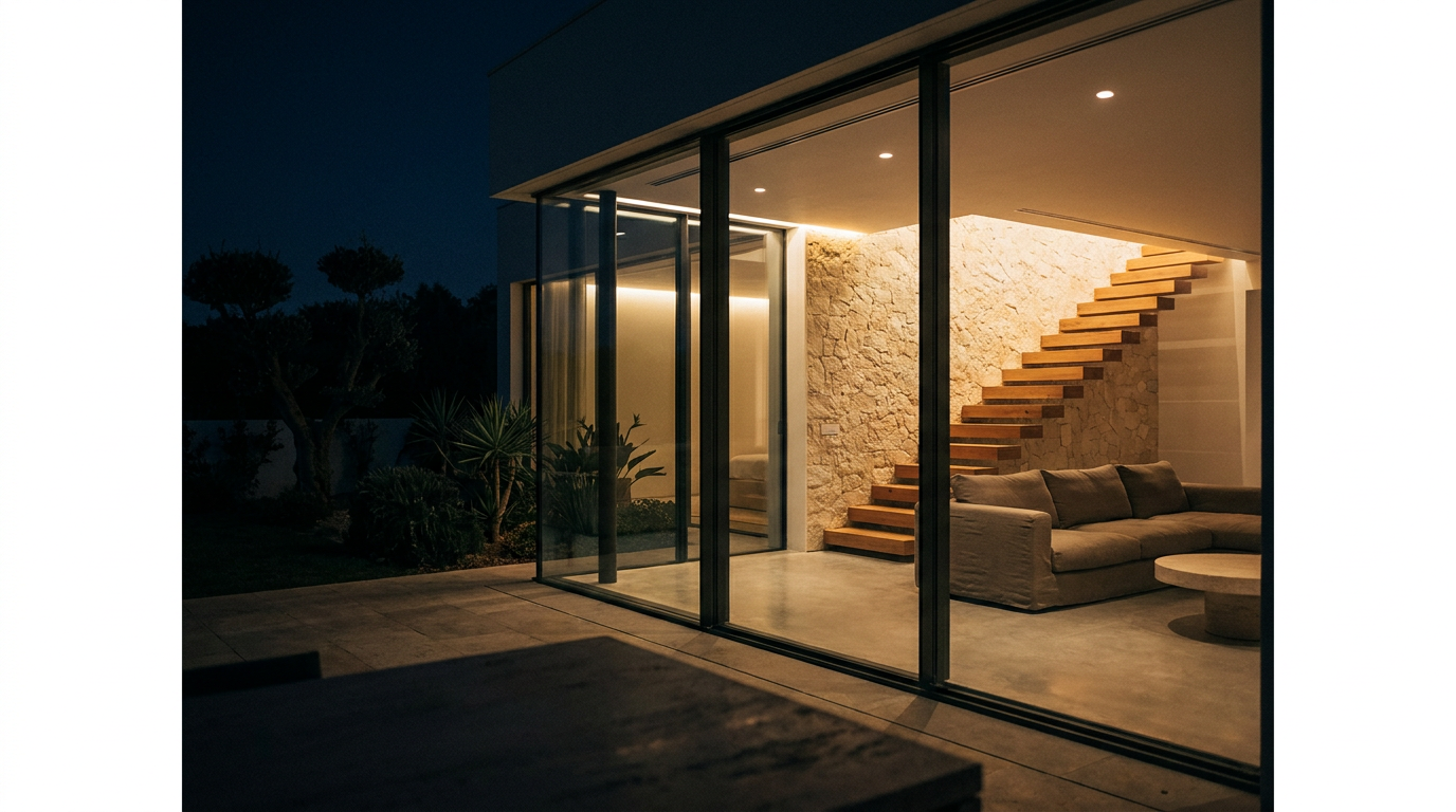 Interior de moradia visto do jardim à noite, através de envidraçados de pé-direito alto