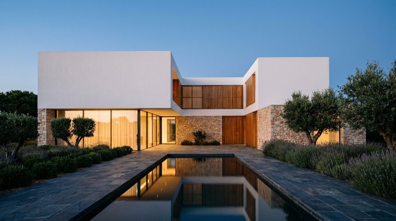 Moradia contemporânea ao anoitecer, com envidraçados iluminados e piscina a refletir a fachada