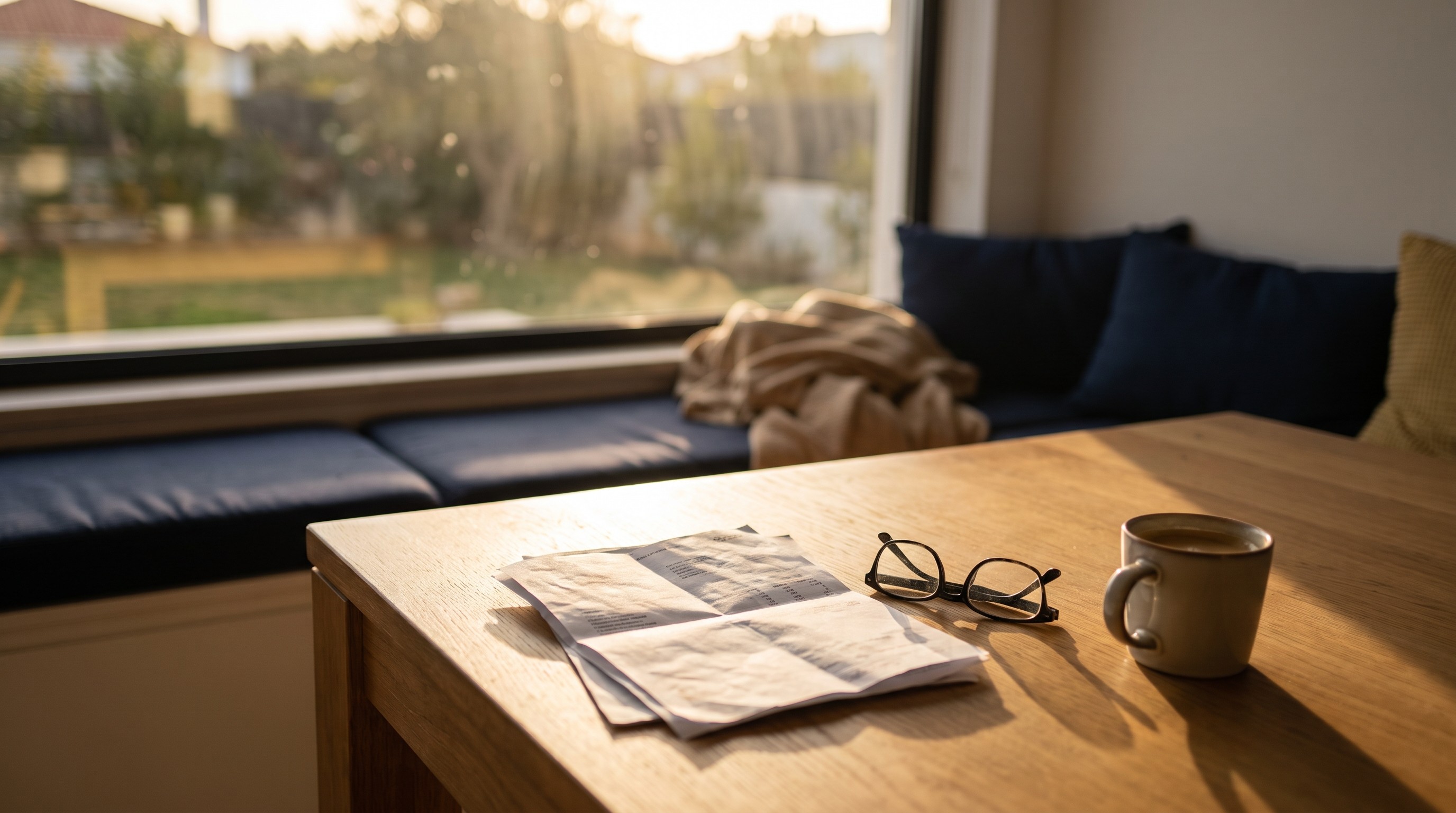 Papel dobrado, óculos e uma caneca sobre uma mesa de madeira, com luz de fim de tarde a entrar pela janela